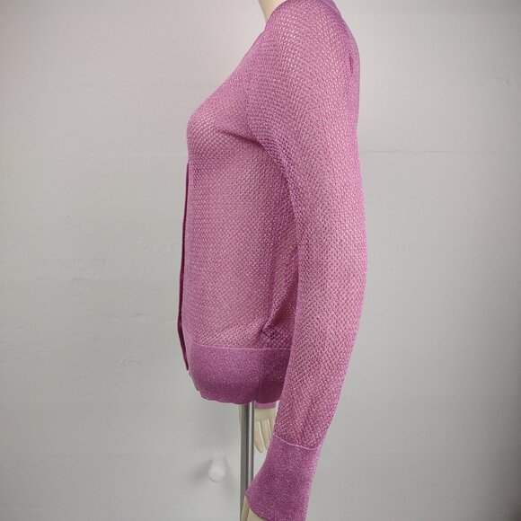 Kate Spade pink metallic open knit semi-sheer button front cardigan Medium - Picture 6 of 8
